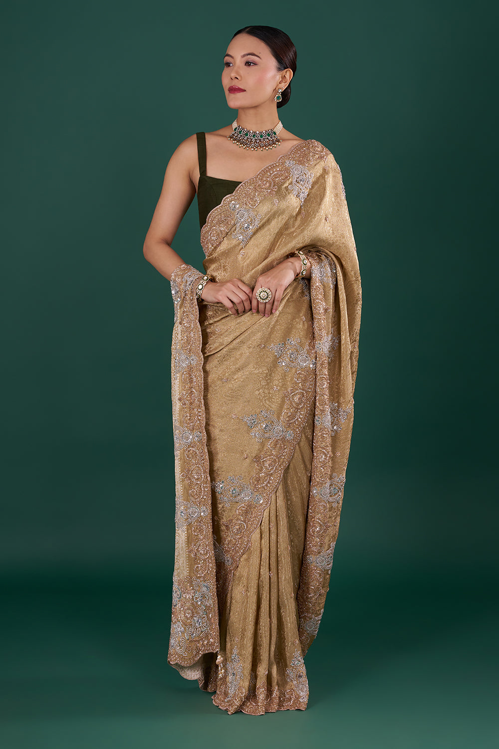 Antique Gold Brocade Saree with Cutdana Embroidery
