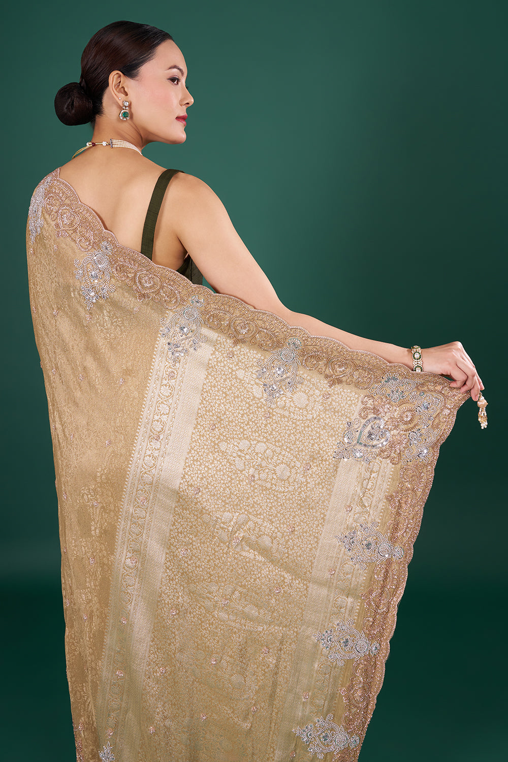 Antique Gold Brocade Saree with Cutdana Embroidery