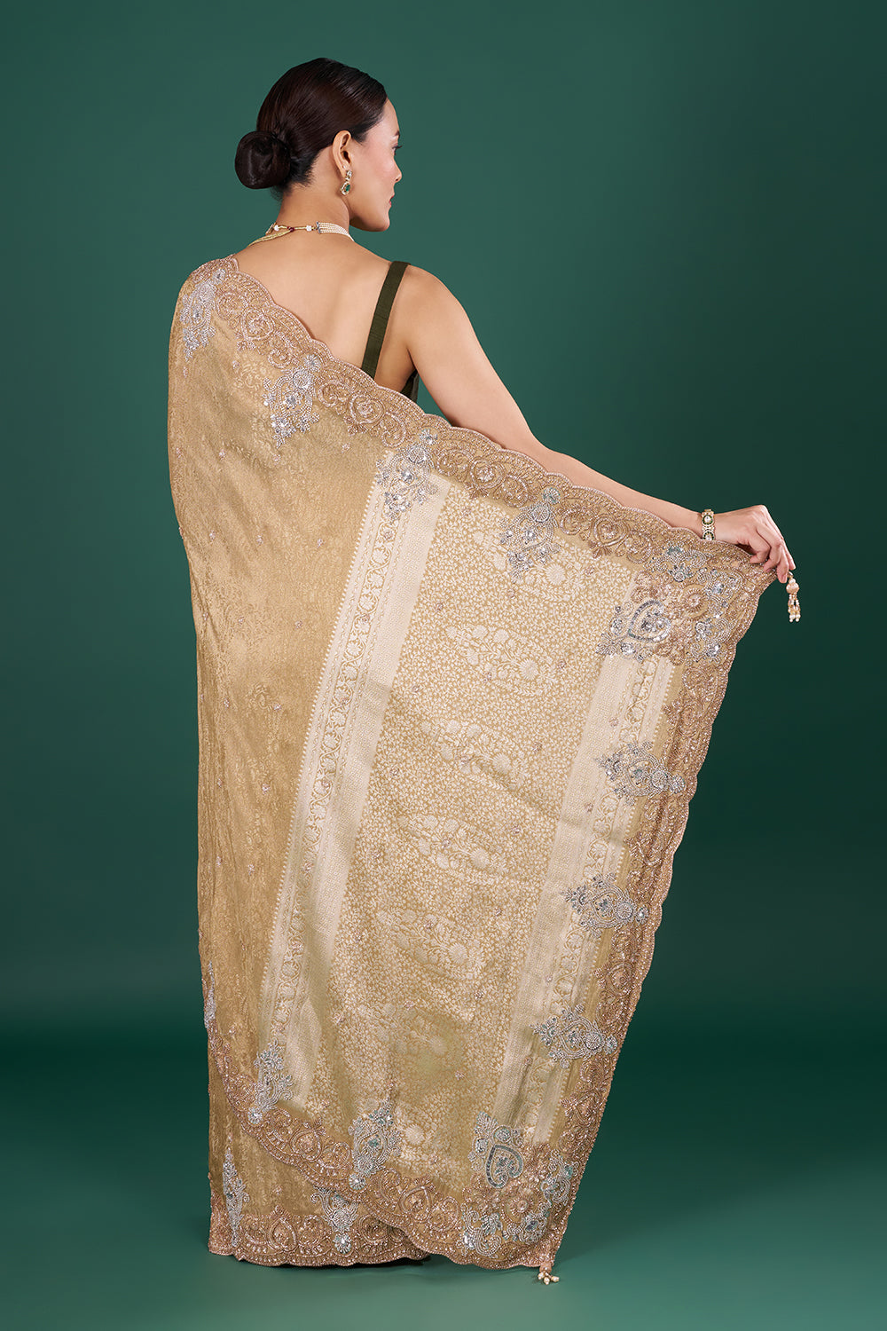 Antique Gold Brocade Saree with Cutdana Embroidery