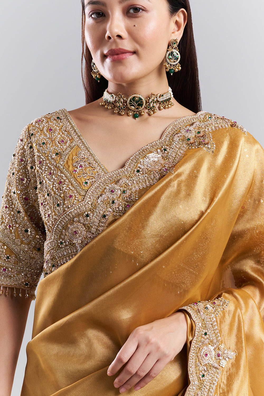 Antique Gold Embellished Border Saree and Stitched Blouse