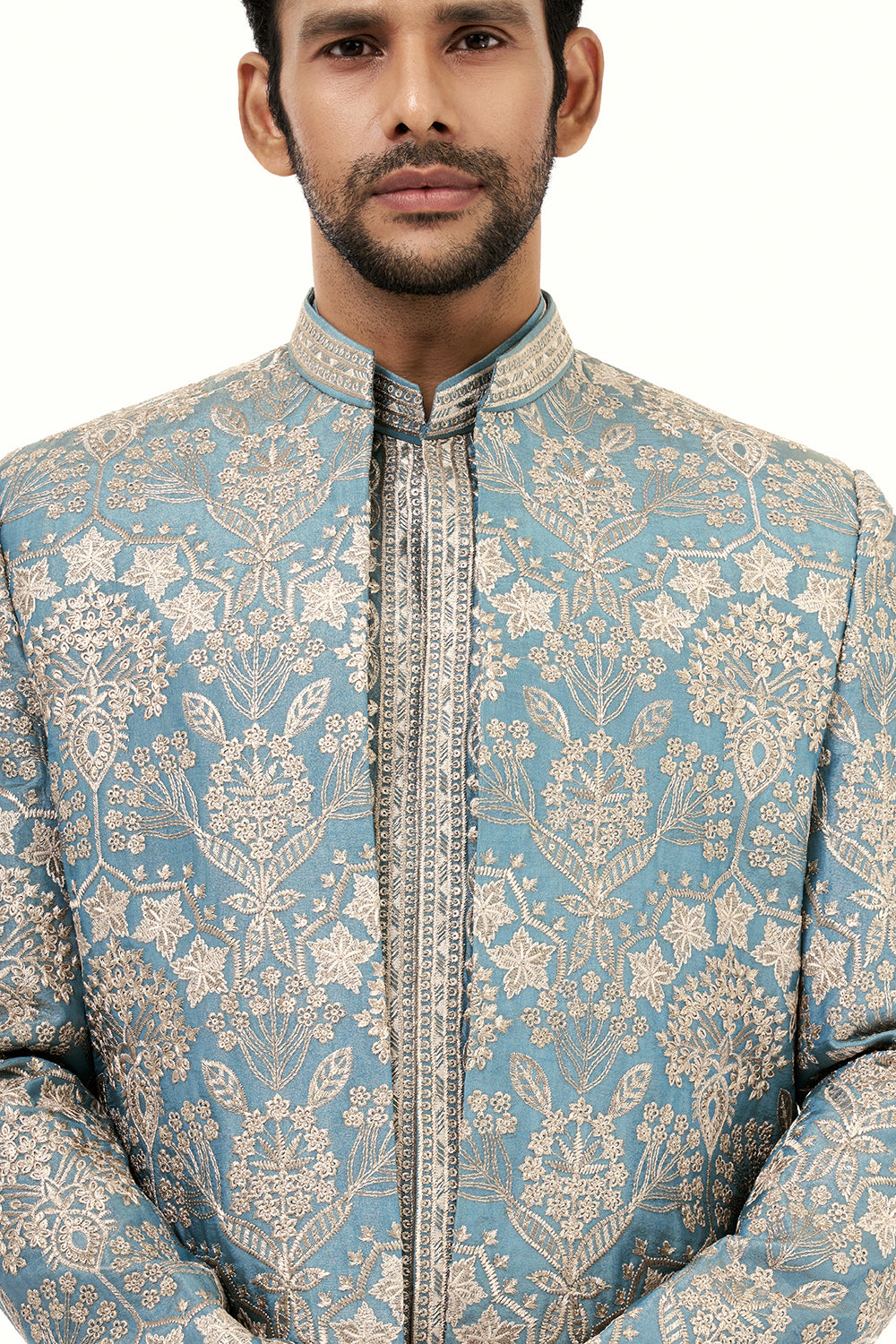 Aqua Blue Art Silk Mens Jodhpuri Set with Resham and Zari Work