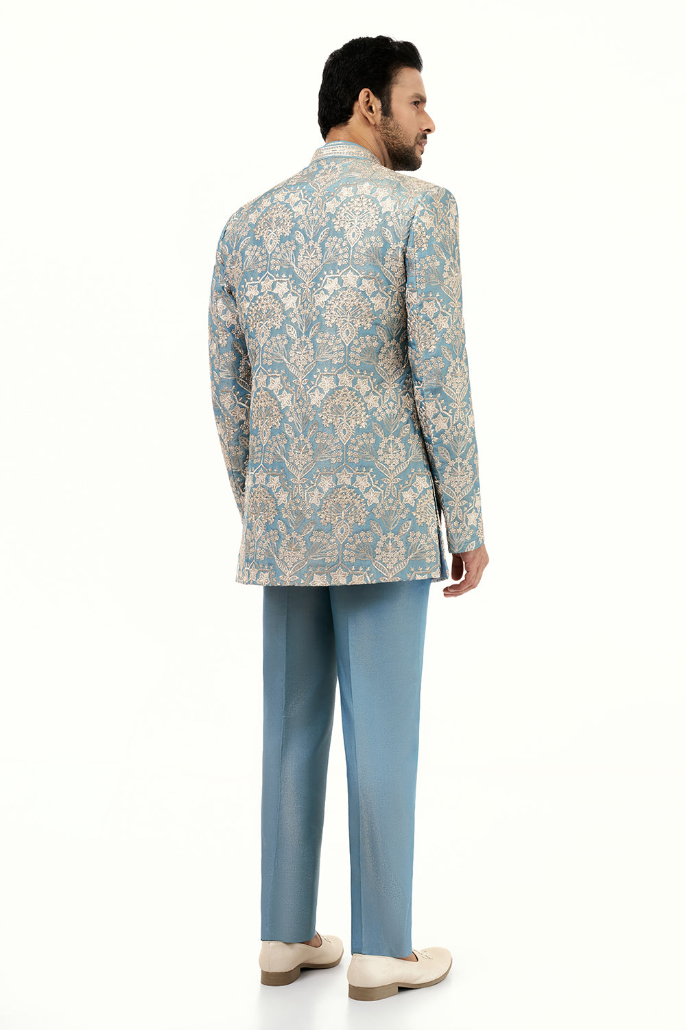 Aqua Blue Art Silk Mens Jodhpuri Set with Resham and Zari Work