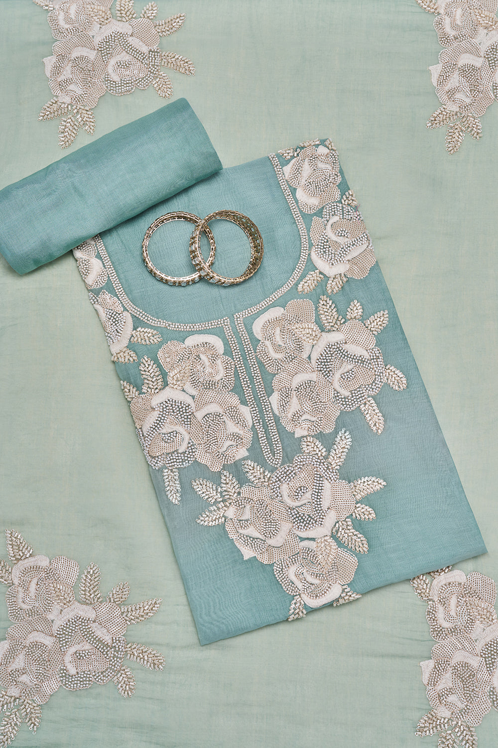 Aqua Blue Floral Embroidered Unstitched Suit Set