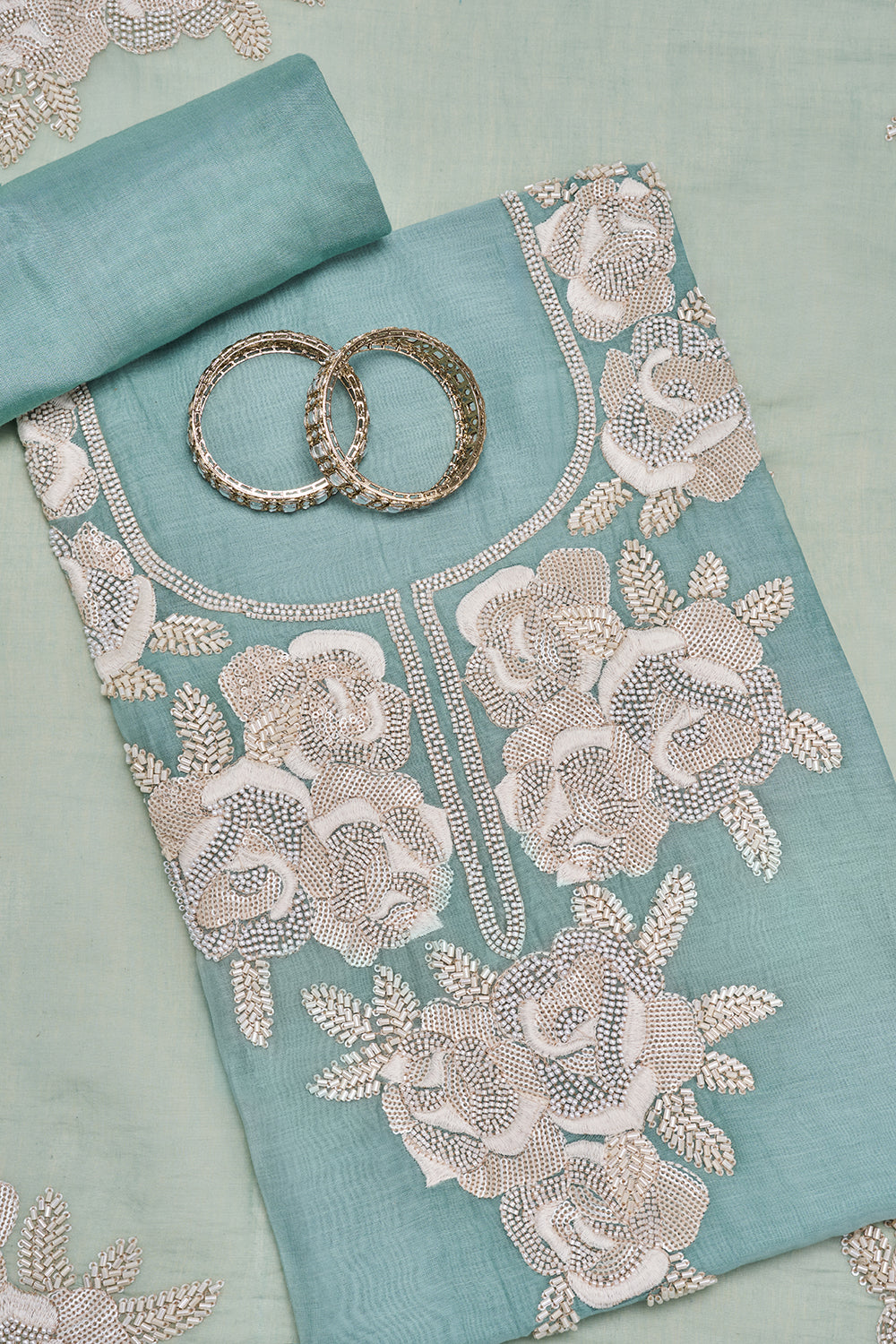 Aqua Blue Floral Embroidered Unstitched Suit Set