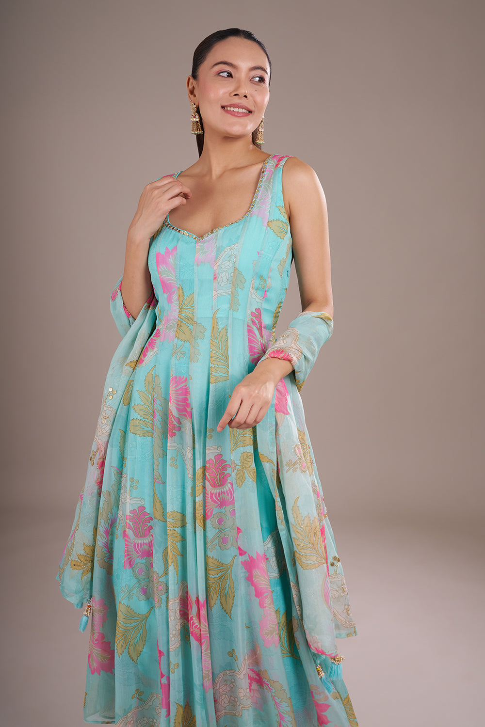 Aqua Blue Viscose Printed Anarkali Set