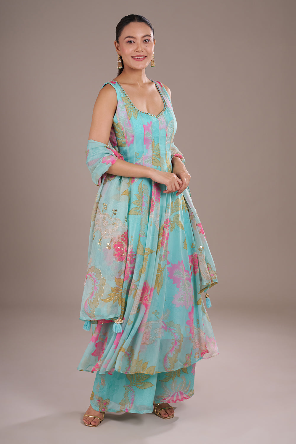 Aqua Blue Viscose Printed Anarkali Set
