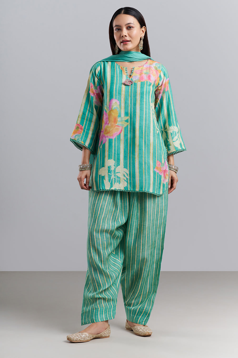 Aqua Green Floral Printed Kurta Patiala Set with Dupatta