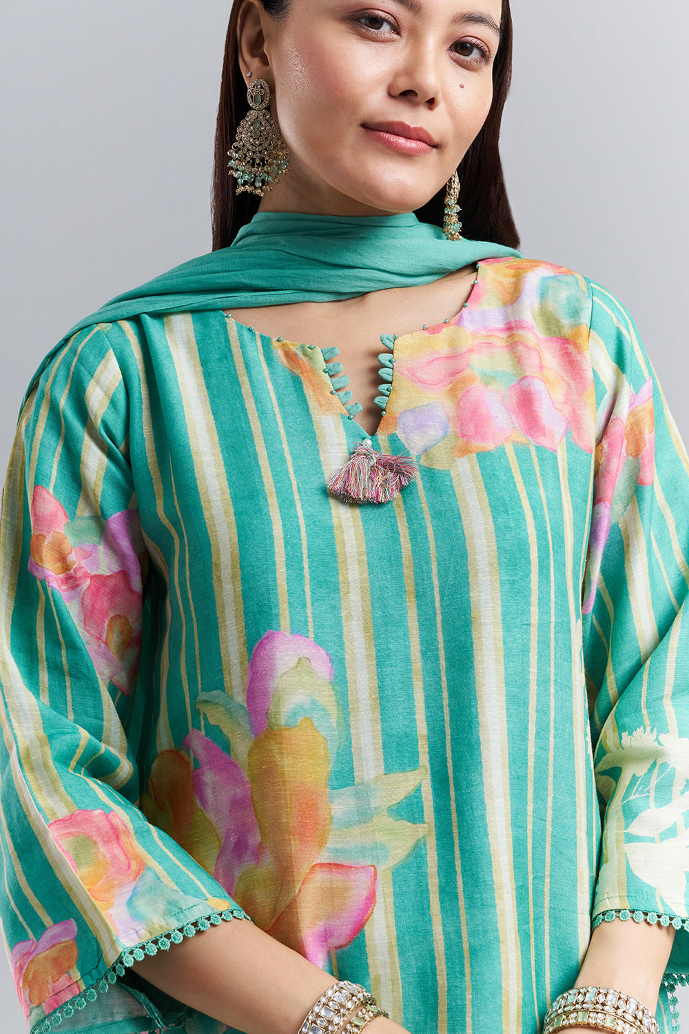 Aqua Green Floral Printed Kurta Patiala Set with Dupatta