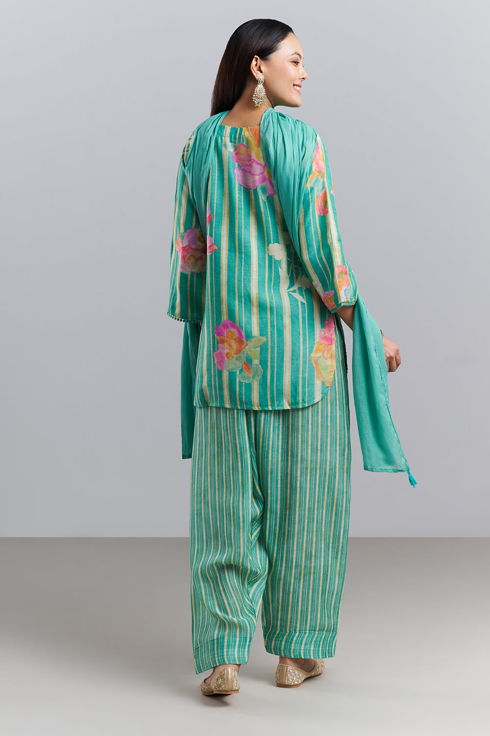 Aqua Green Floral Printed Kurta Patiala Set with Dupatta