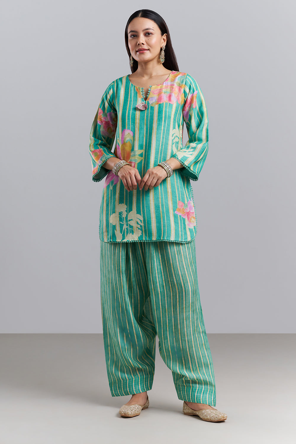 Aqua Green Floral Printed Kurta Patiala Set with Dupatta