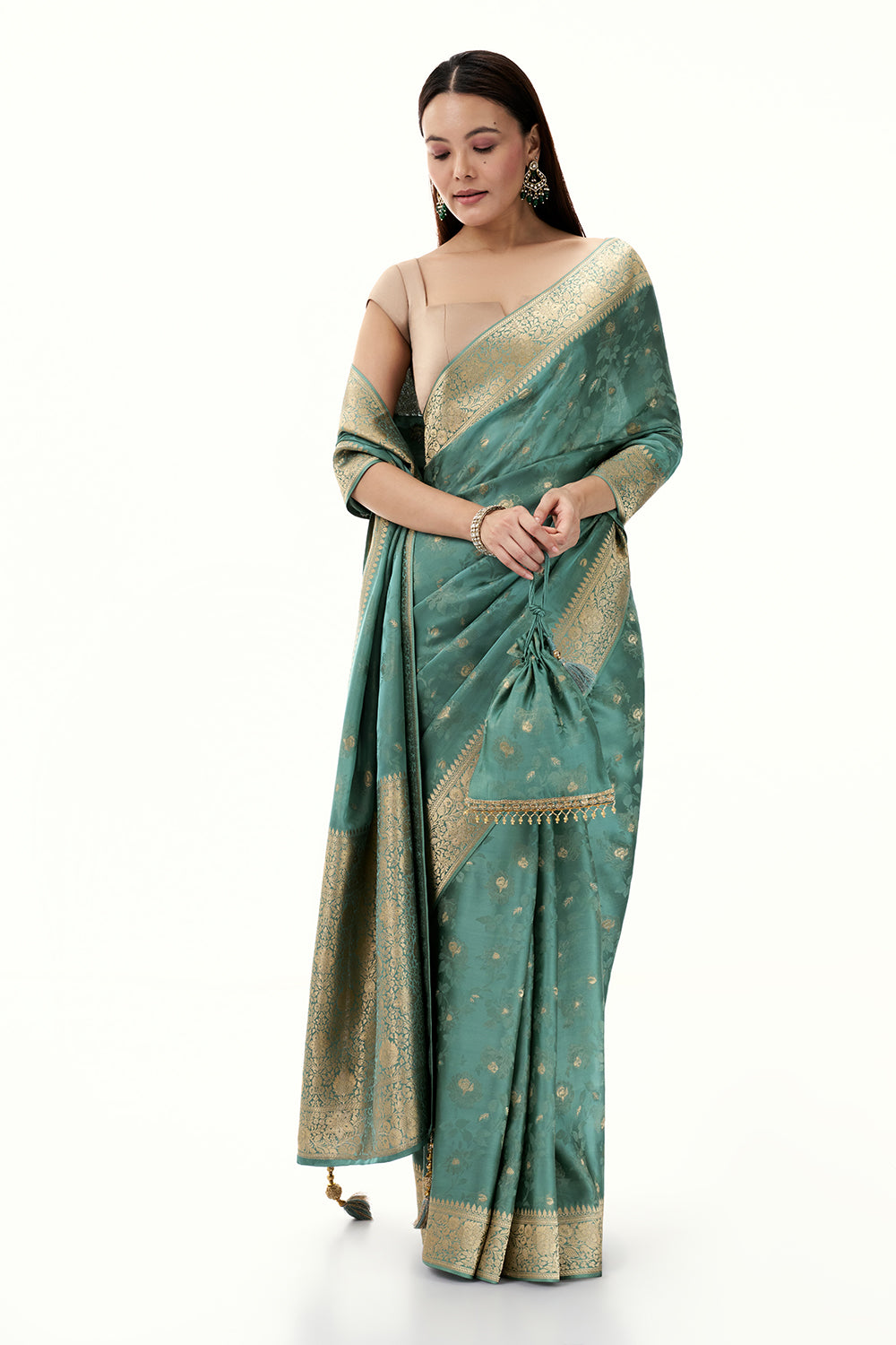 Aqua Green Woven Banarasi Satin Saree with Resham and Zari Work