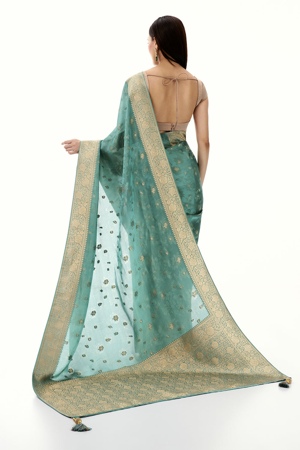 Aqua Green Woven Banarasi Satin Saree with Resham and Zari Work