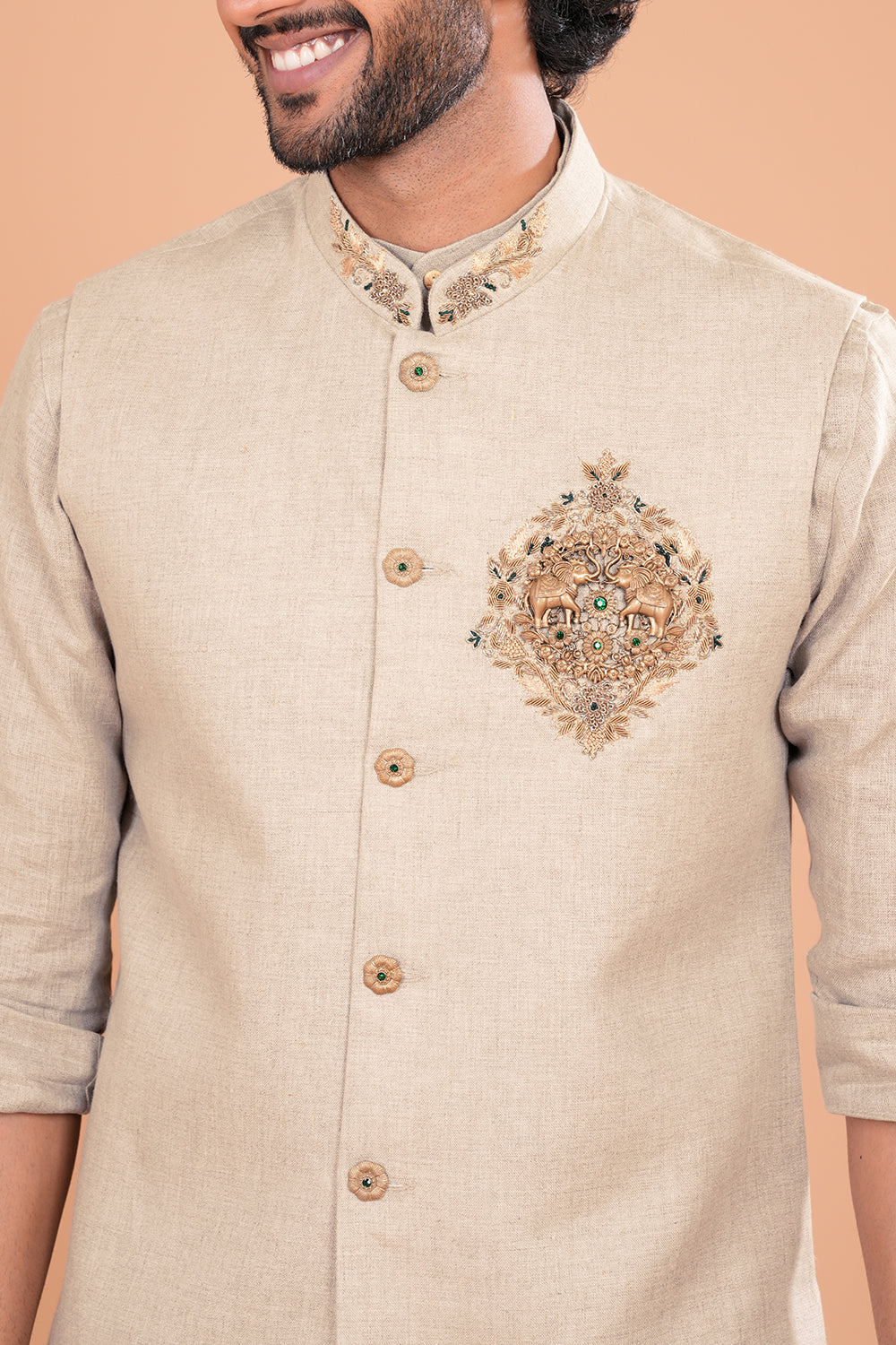 Beige Linen Embroidered Bundi Set