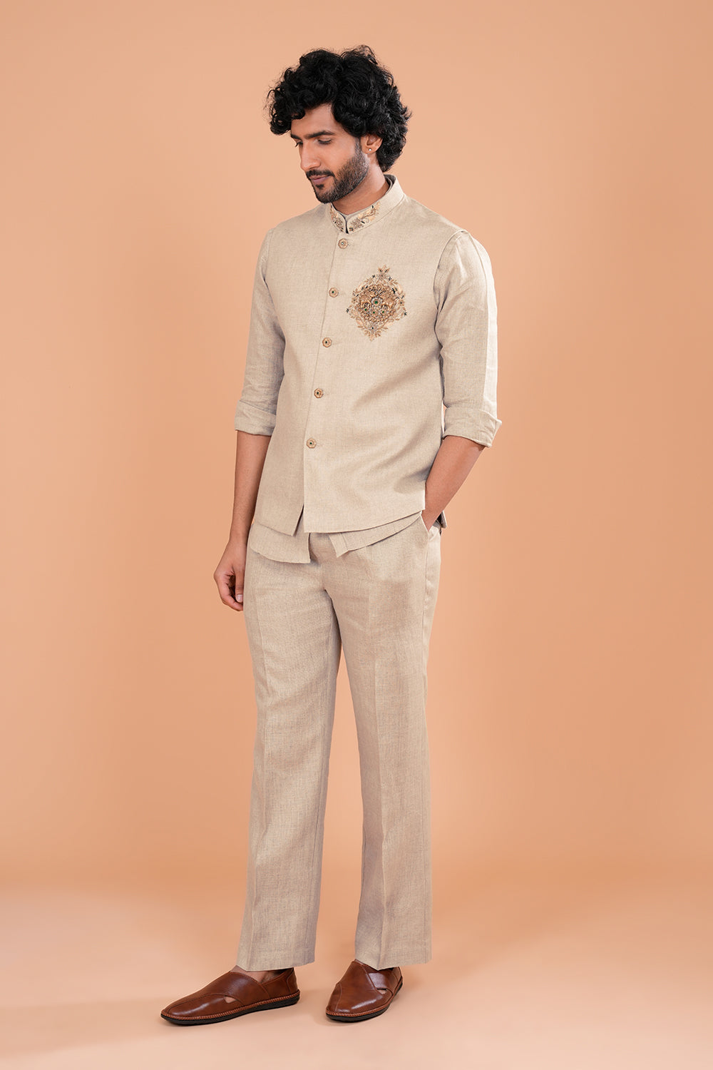 Beige Linen Embroidered Bundi Set