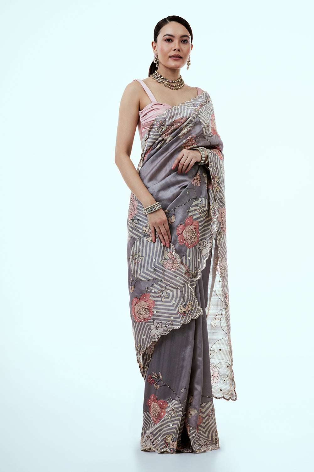 Ash Grey Tussar Silk Saree with Mirror Work