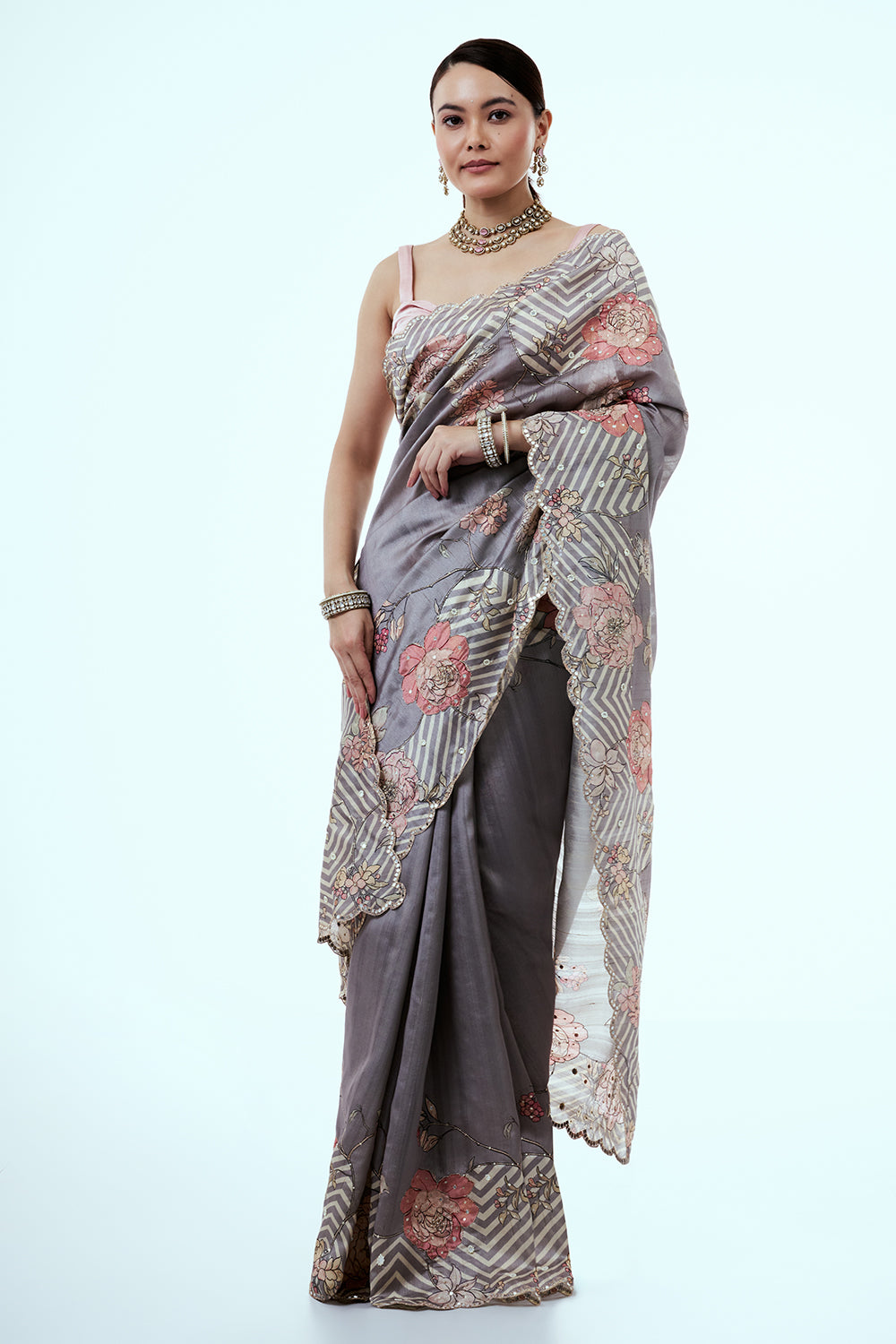 Ash Grey Tussar Silk Saree with Mirror Work