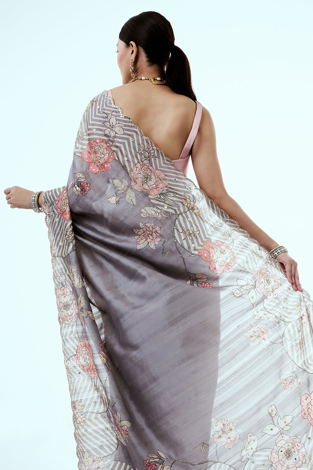 Ash Grey Tussar Silk Saree with Mirror Work