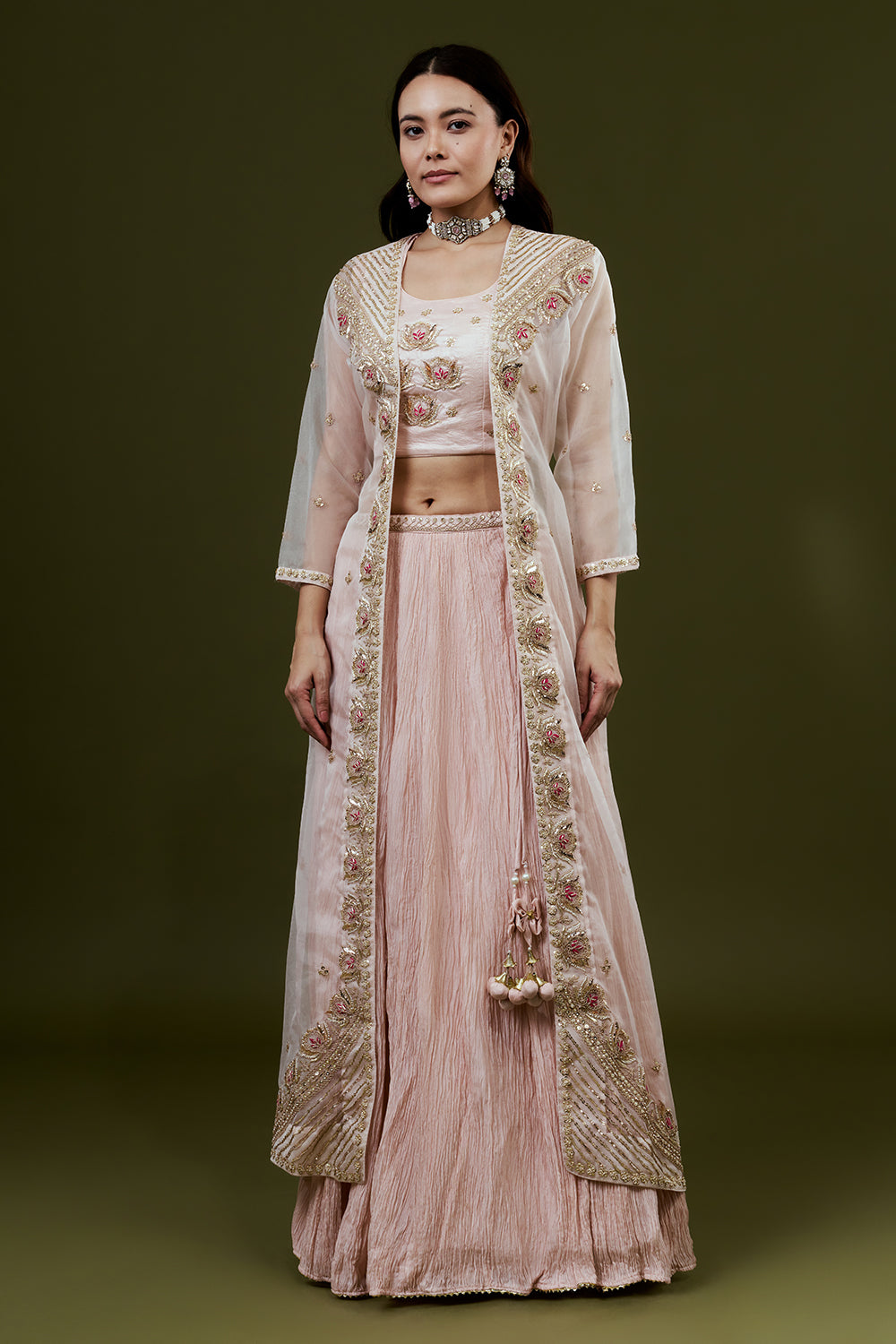Baby Pink Art Silk Indo-Western Set with Zardosi Work