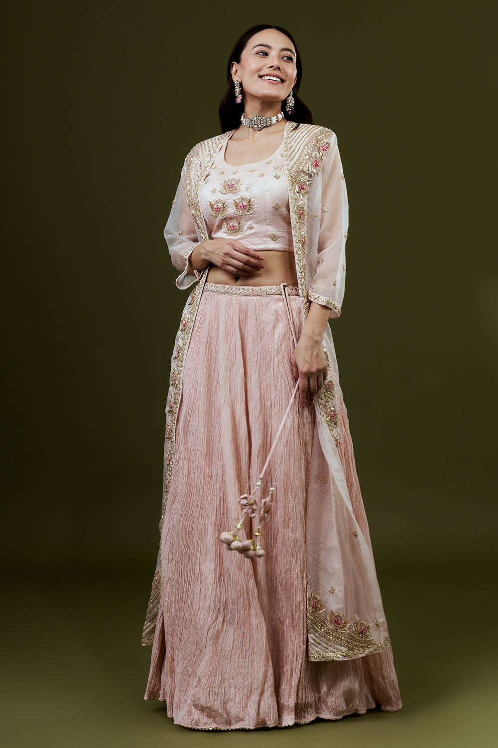 Baby Pink Art Silk Indo-Western Set with Zardosi Work