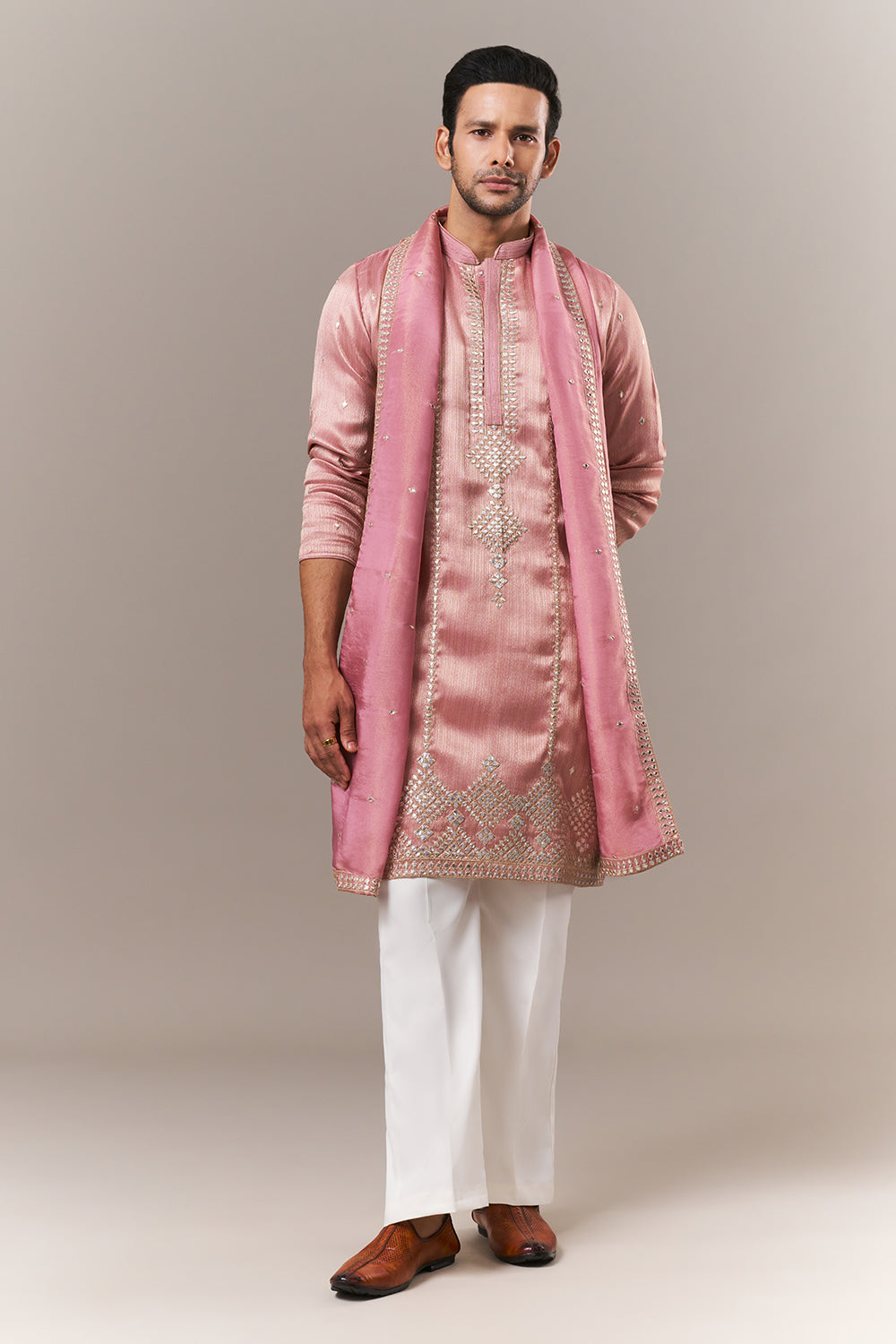 Baby Pink Brocade Mens Kurta Set with Mirror and Zardosi Work