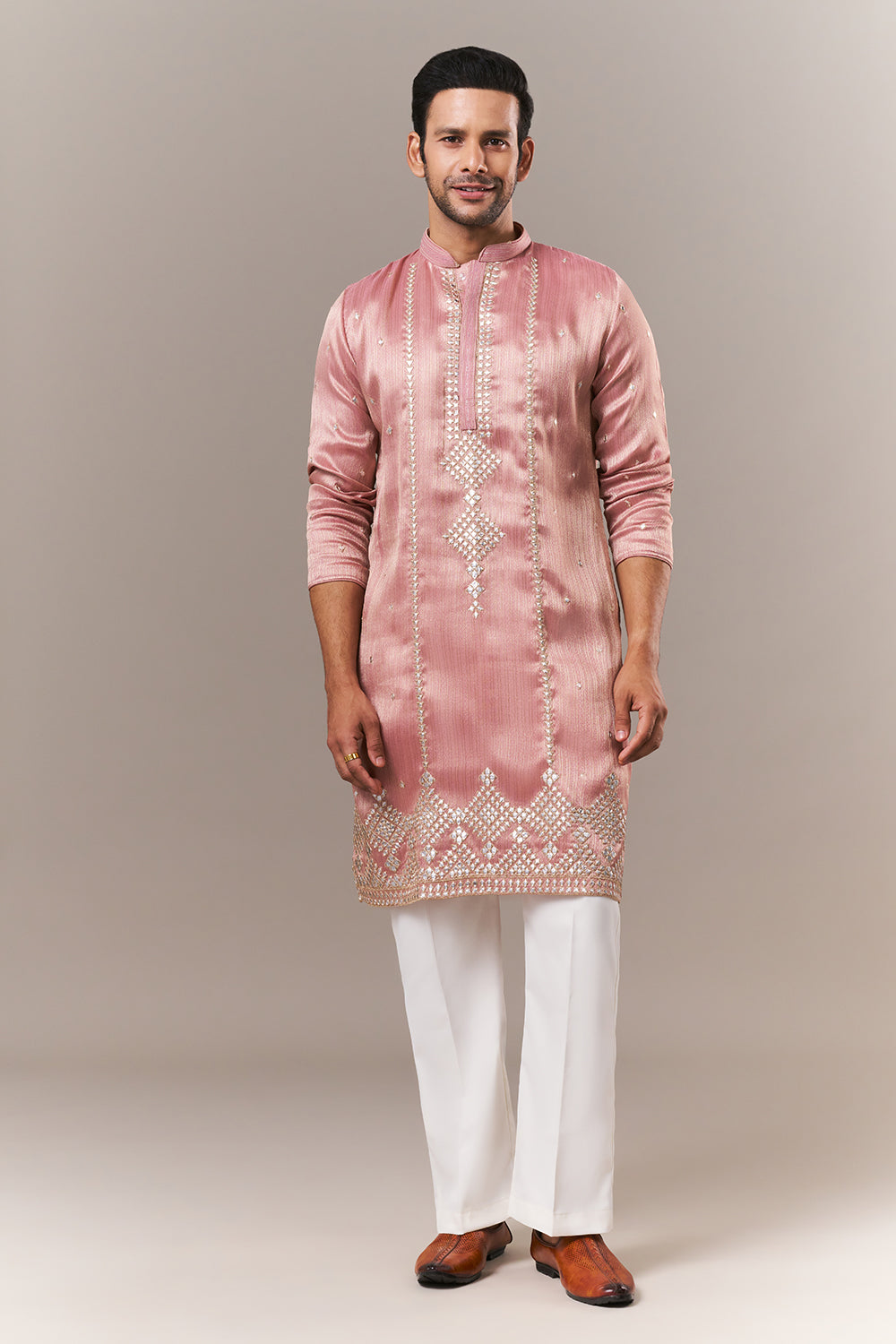Baby Pink Brocade Mens Kurta Set with Mirror and Zardosi Work