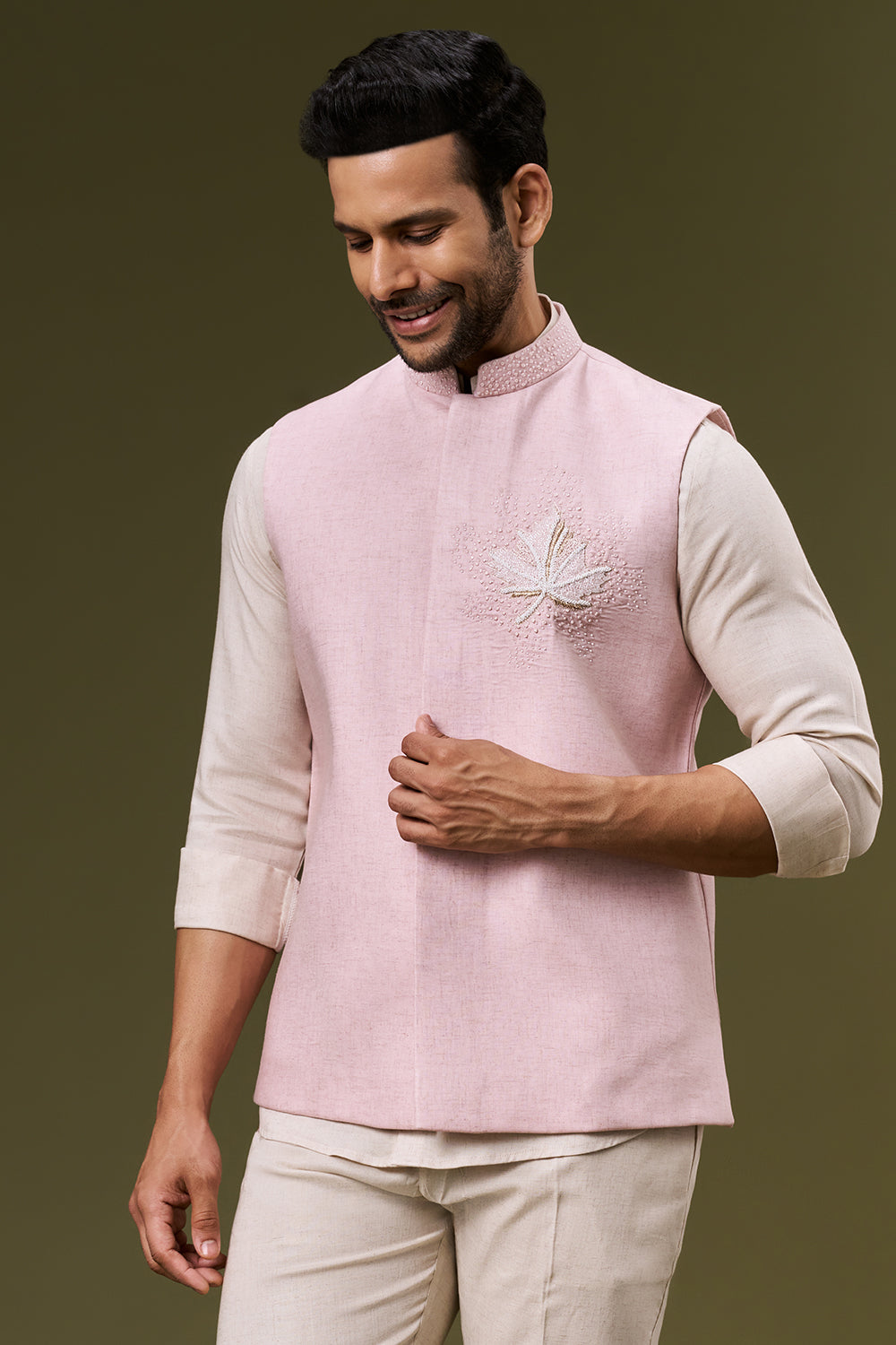 Baby Pink Cotton Jute Bundi Set with Zardosi and Cut Dana Work
