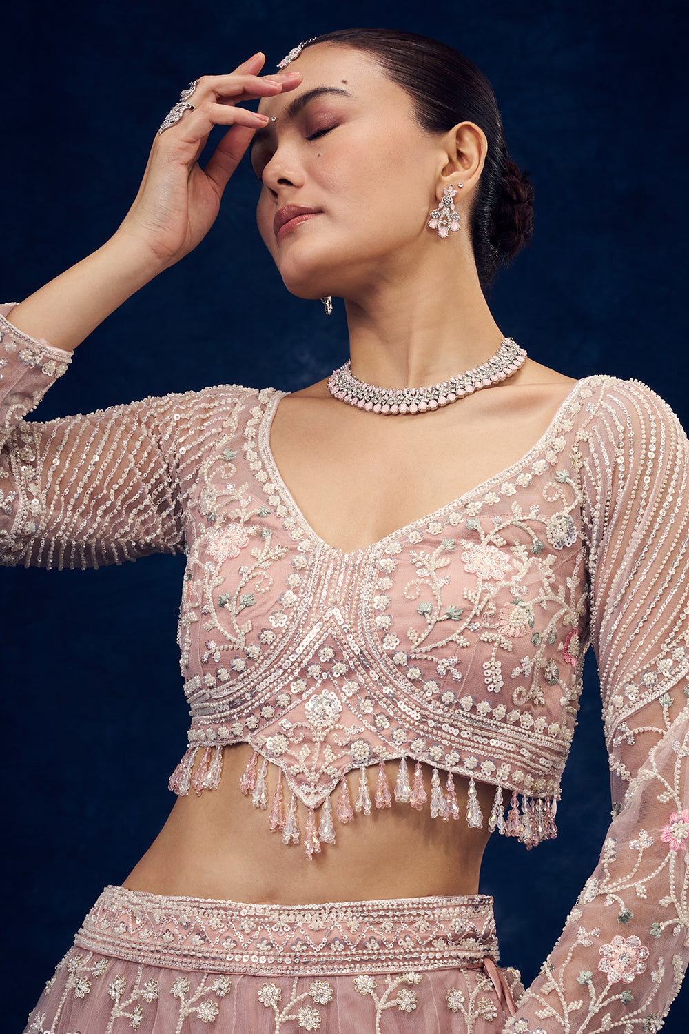 Baby Pink Net Lehenga with Cutdana and Resham Handwork