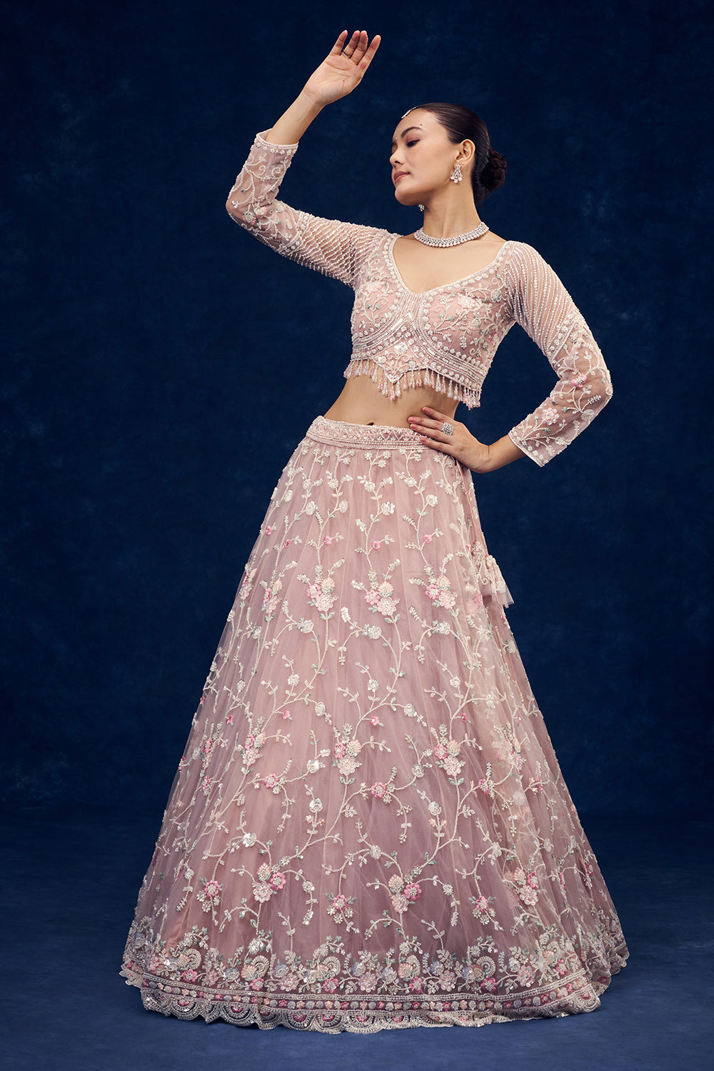 Baby Pink Net Lehenga with Cutdana and Resham Handwork