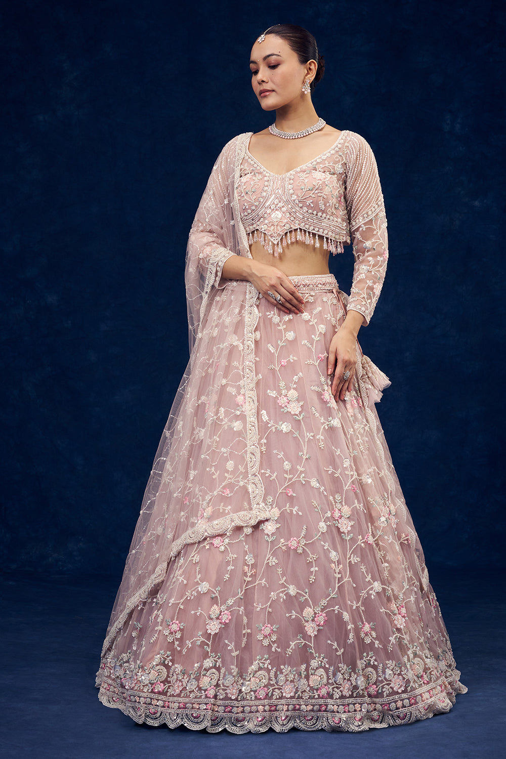 Baby Pink Net Lehenga with Cutdana and Resham Handwork