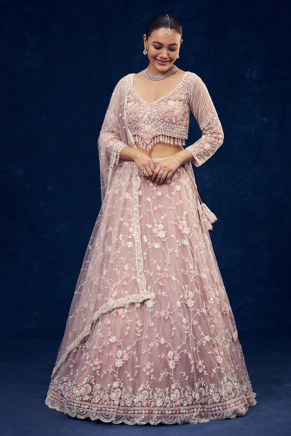 Baby Pink Net Lehenga with Cutdana and Resham Handwork