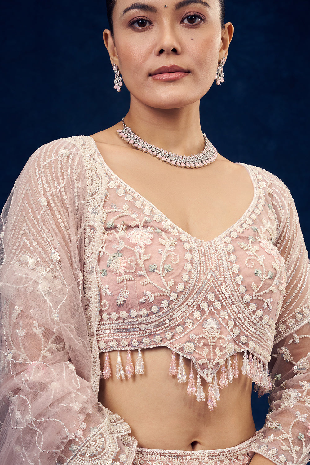 Baby Pink Net Lehenga with Cutdana and Resham Handwork