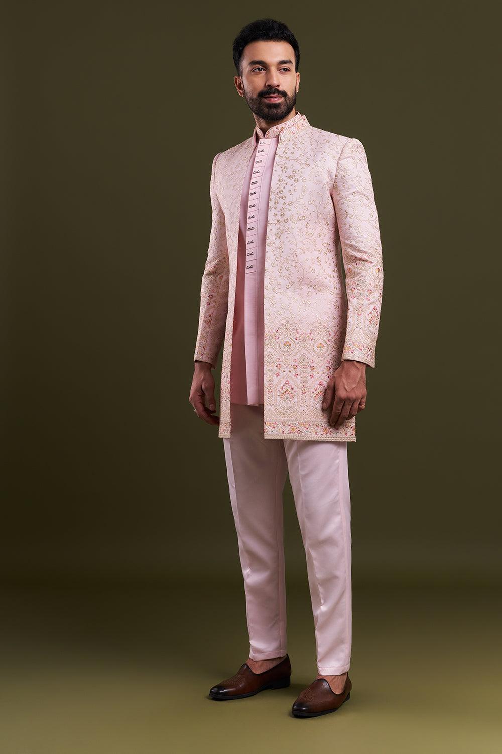 Baby Pink Nokia Silk Embellished Men's Indo-Western Wear