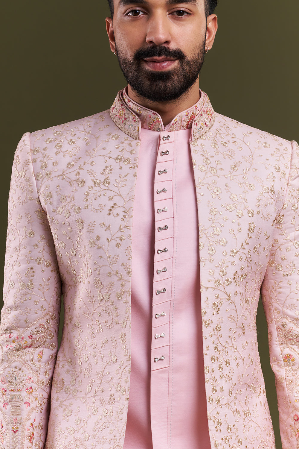 Baby Pink Nokia Silk Embellished Men's Indo-Western Wear