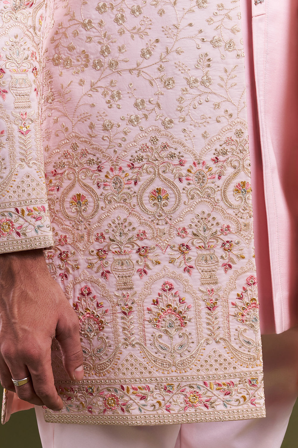 Baby Pink Nokia Silk Embellished Men's Indo-Western Wear