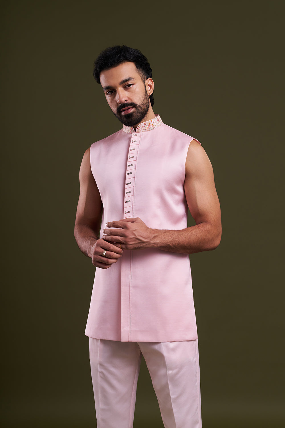 Baby Pink Nokia Silk Embellished Men's Indo-Western Wear