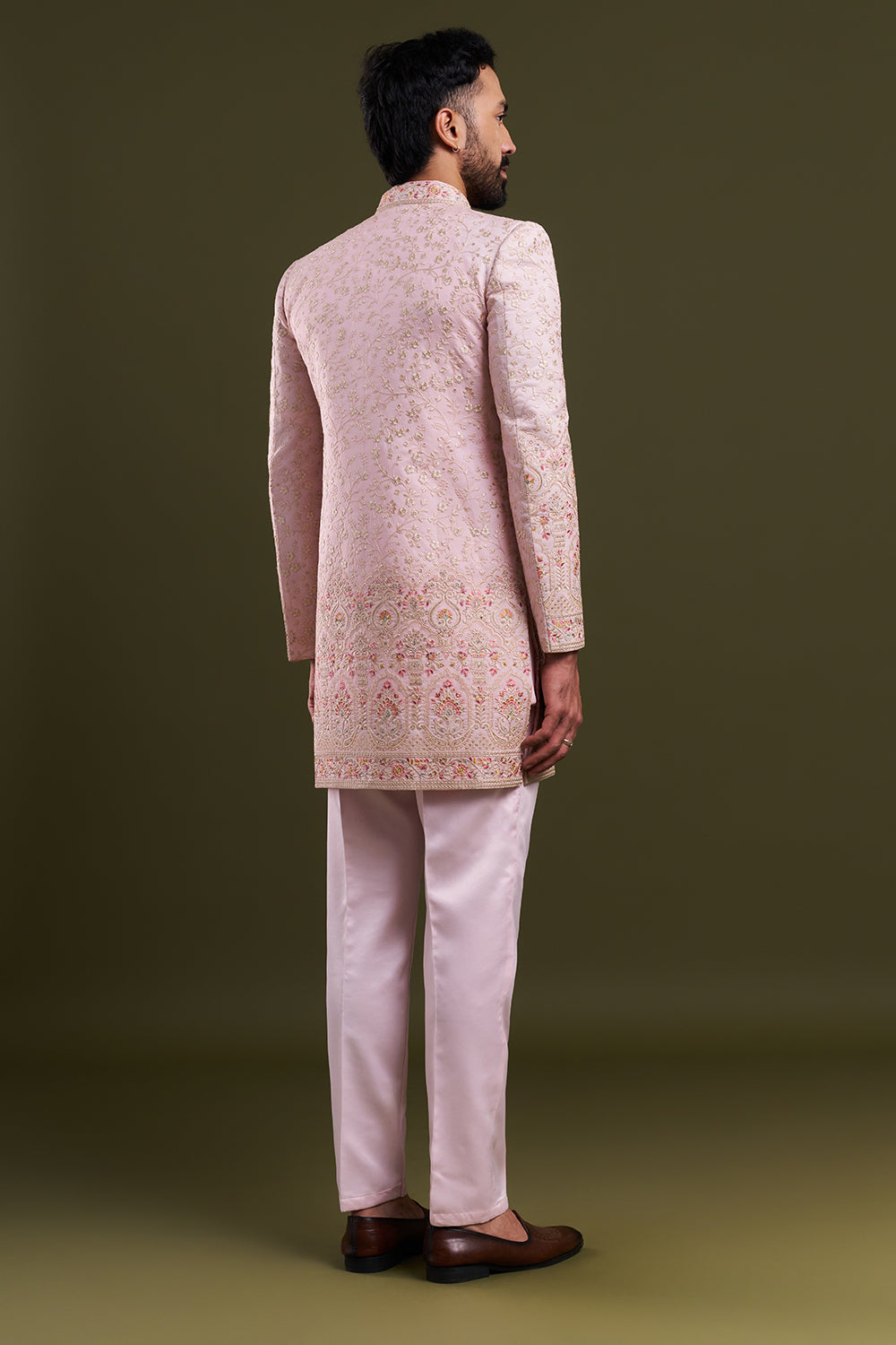 Baby Pink Nokia Silk Embellished Men's Indo-Western Wear