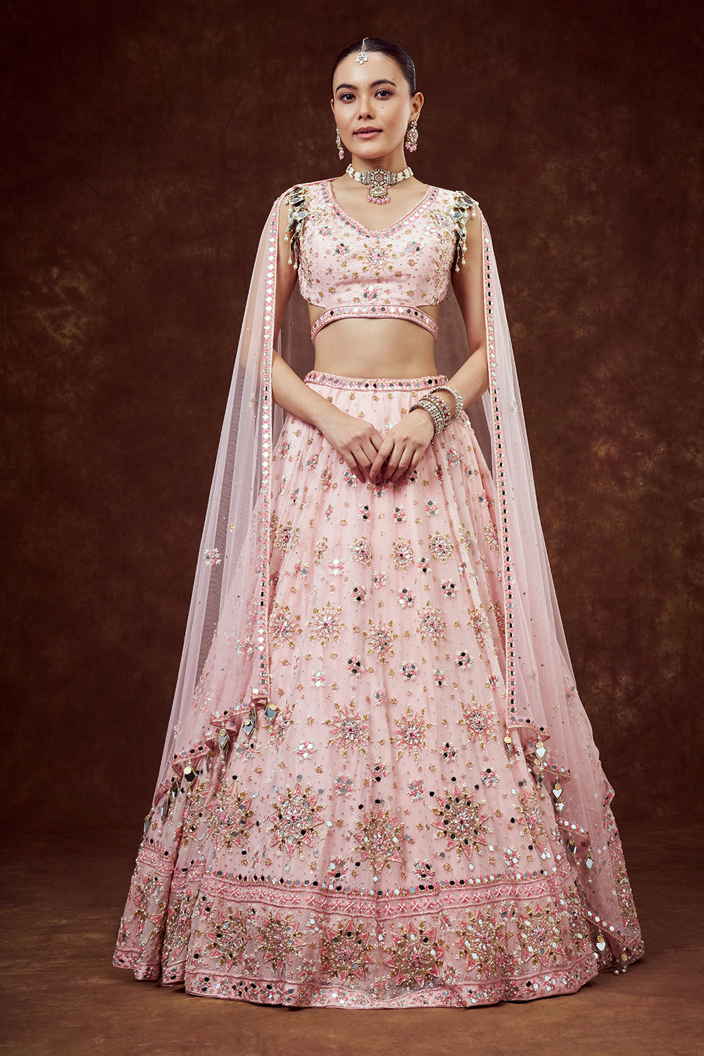 Baby Pink Organza Lehenga with Intricate Mirror Work