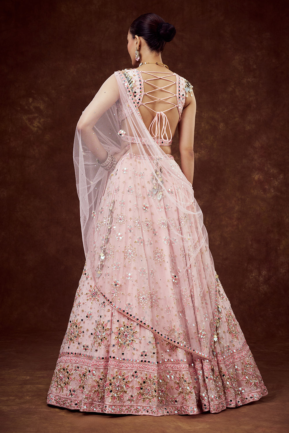 Baby Pink Organza Lehenga with Intricate Mirror Work