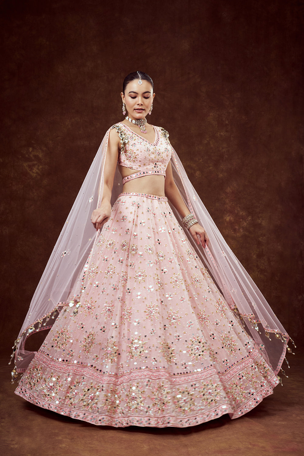 Baby Pink Organza Lehenga with Intricate Mirror Work