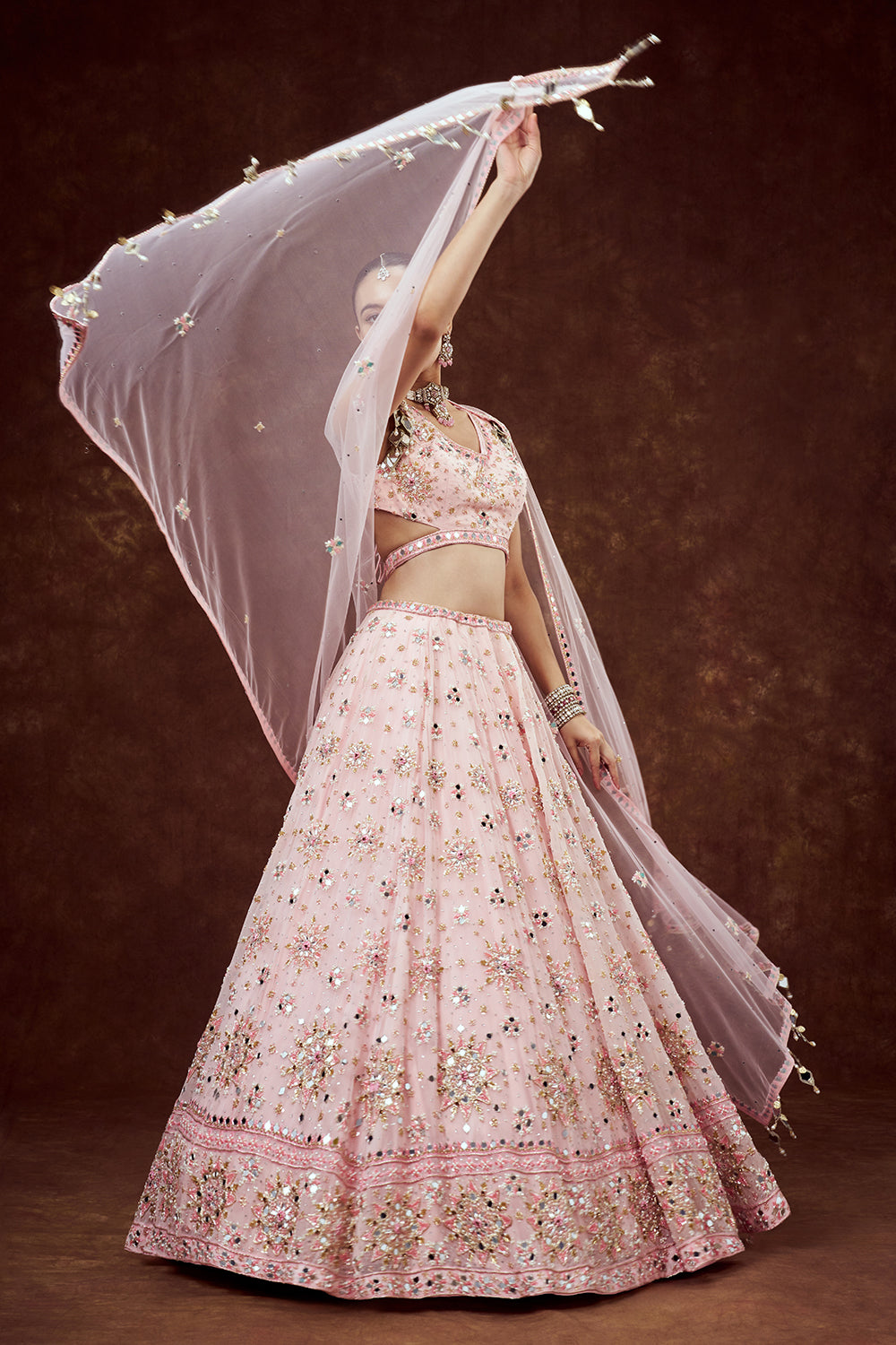 Baby Pink Organza Lehenga with Intricate Mirror Work