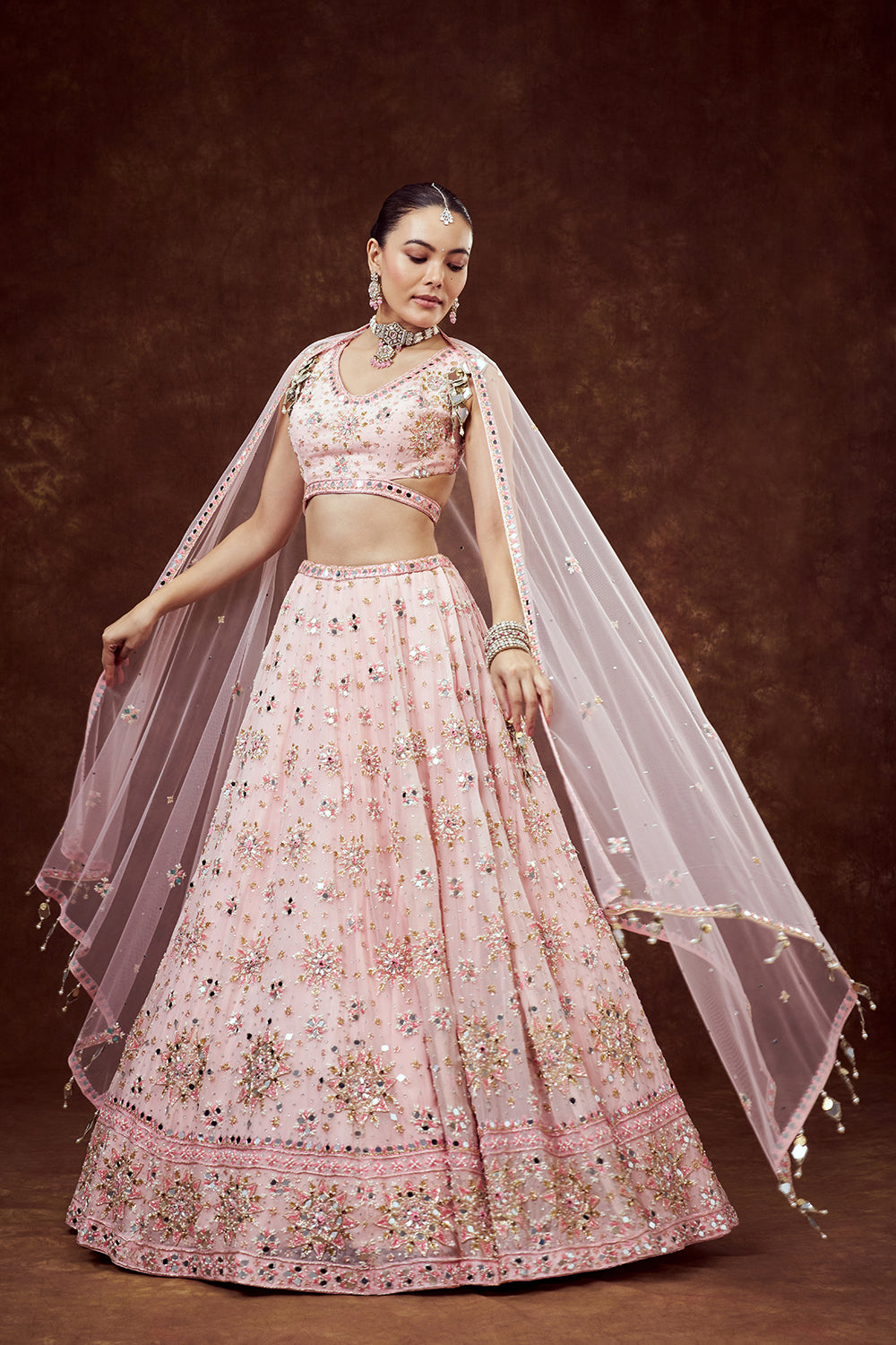 Baby Pink Organza Lehenga with Intricate Mirror Work
