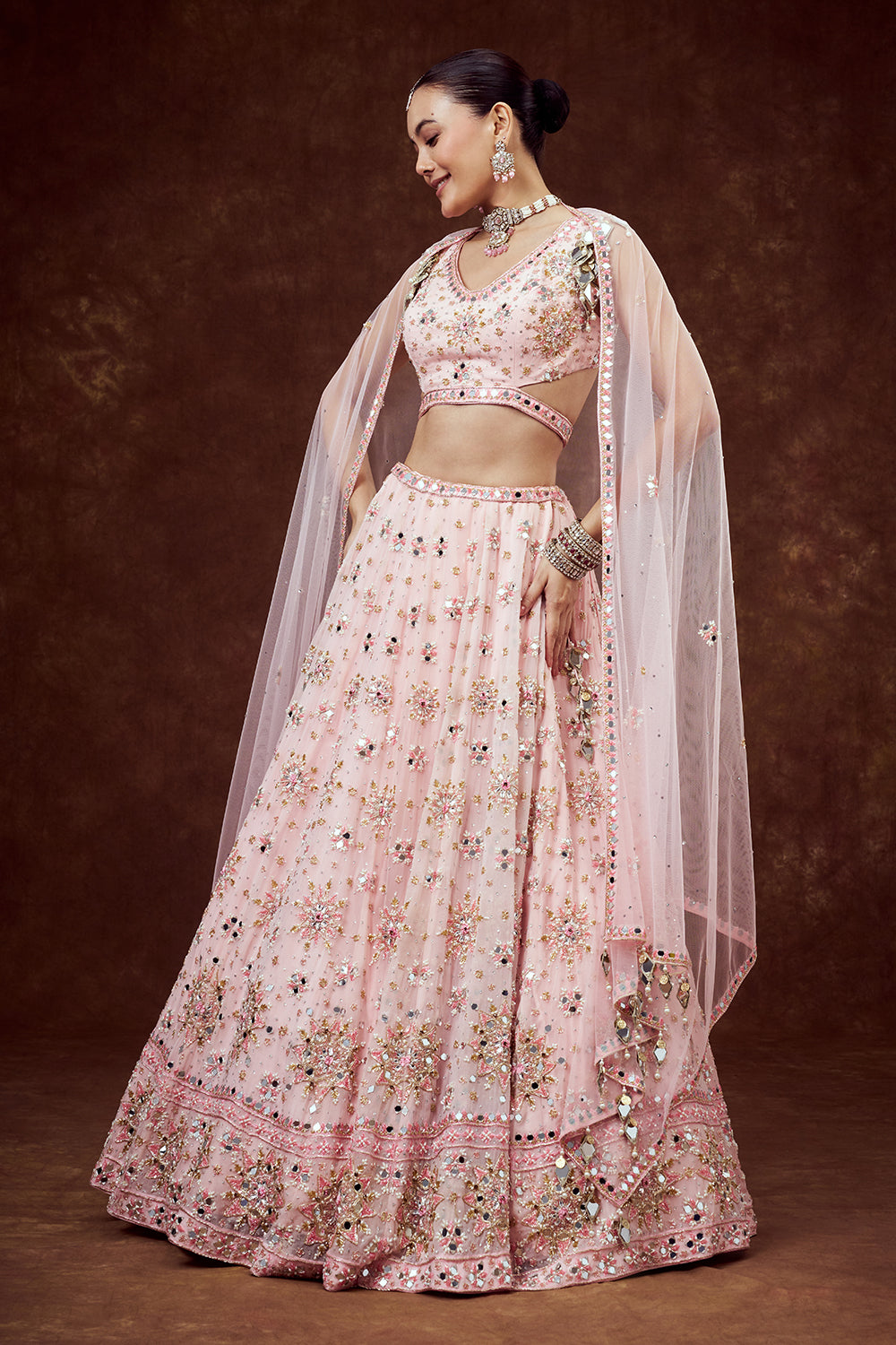Baby Pink Organza Lehenga with Intricate Mirror Work