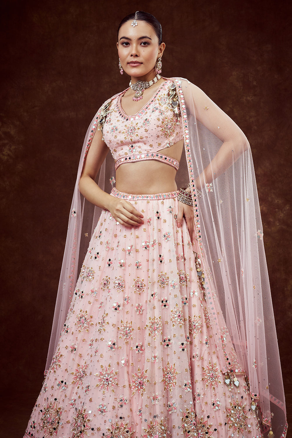 Baby Pink Organza Lehenga with Intricate Mirror Work