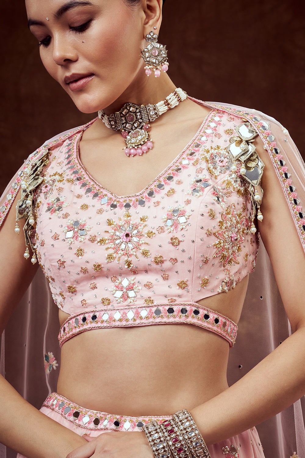 Baby Pink Organza Lehenga with Intricate Mirror Work