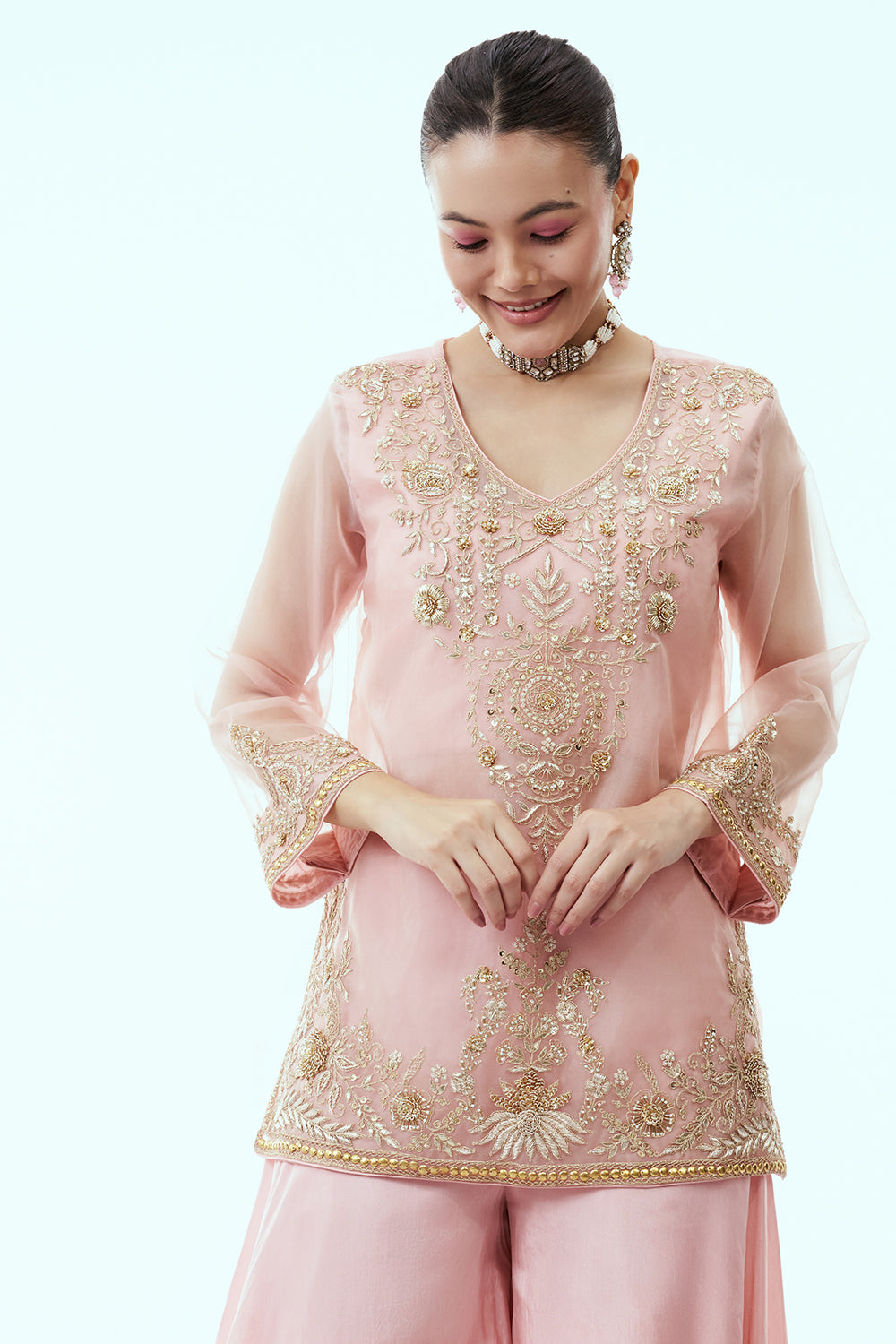 Baby Pink Organza Short Kurti with Palazzo Pants with Zardosi and Gota Work
