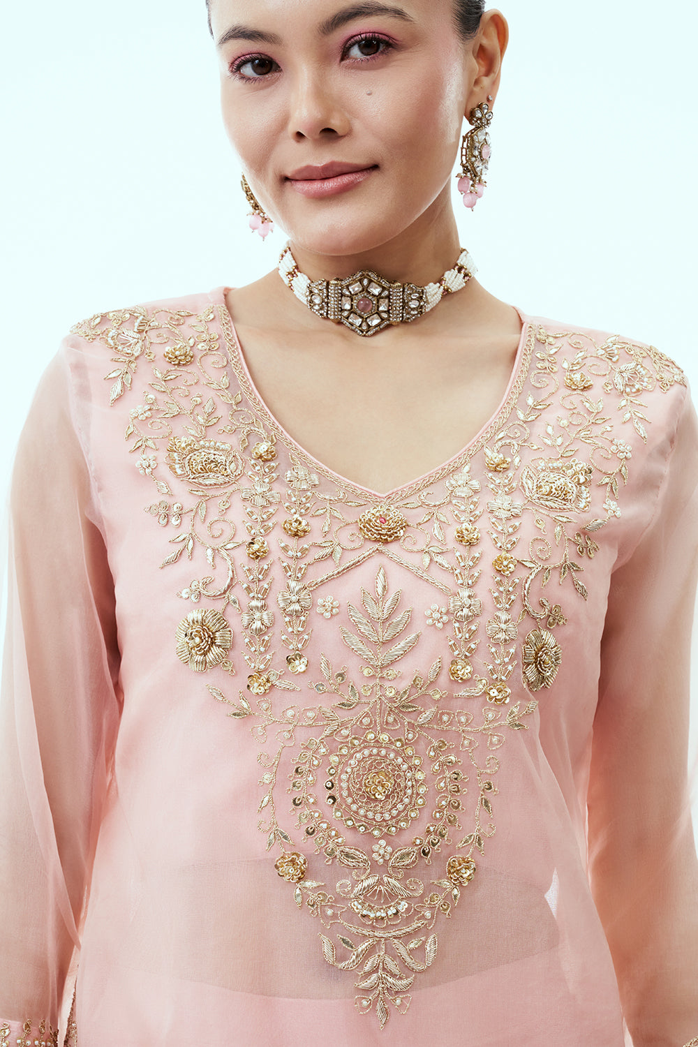 Baby Pink Organza Short Kurti with Palazzo Pants with Zardosi and Gota Work