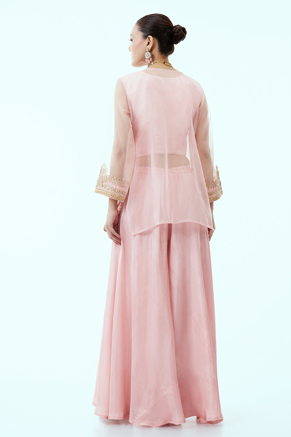 Baby Pink Organza Short Kurti with Palazzo Pants with Zardosi and Gota Work