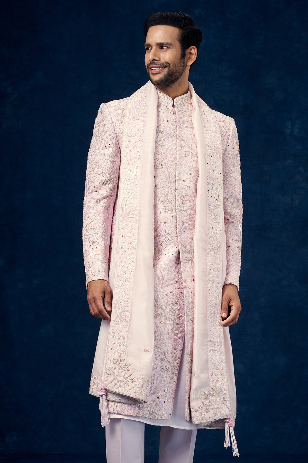 Baby Pink Raw Silk Groom Sherwani with Mirror and Resham Work