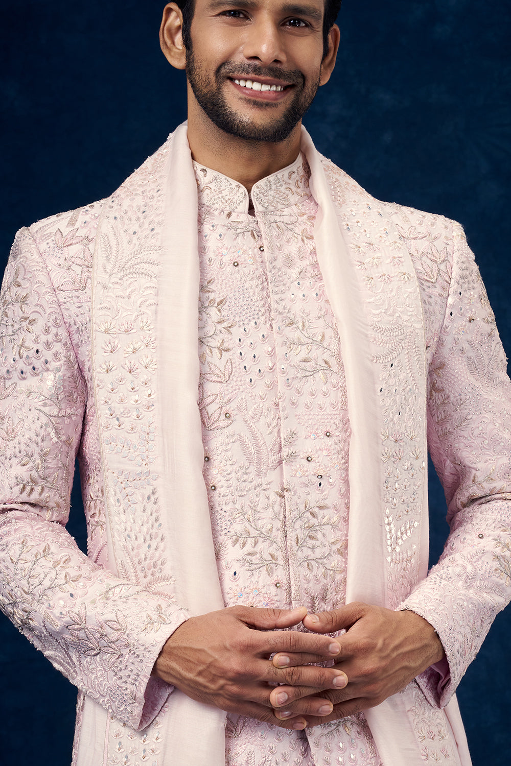Baby Pink Raw Silk Groom Sherwani with Mirror and Resham Work