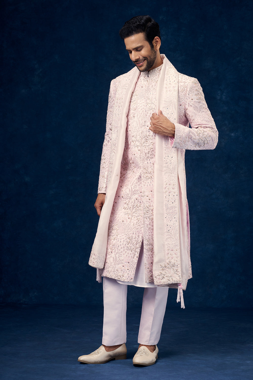 Baby Pink Raw Silk Groom Sherwani with Mirror and Resham Work